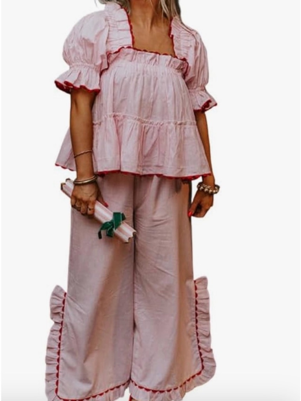 #1109 Pink & Red Ruffle Gingham Babydoll Top & Wide Leg Pants Set